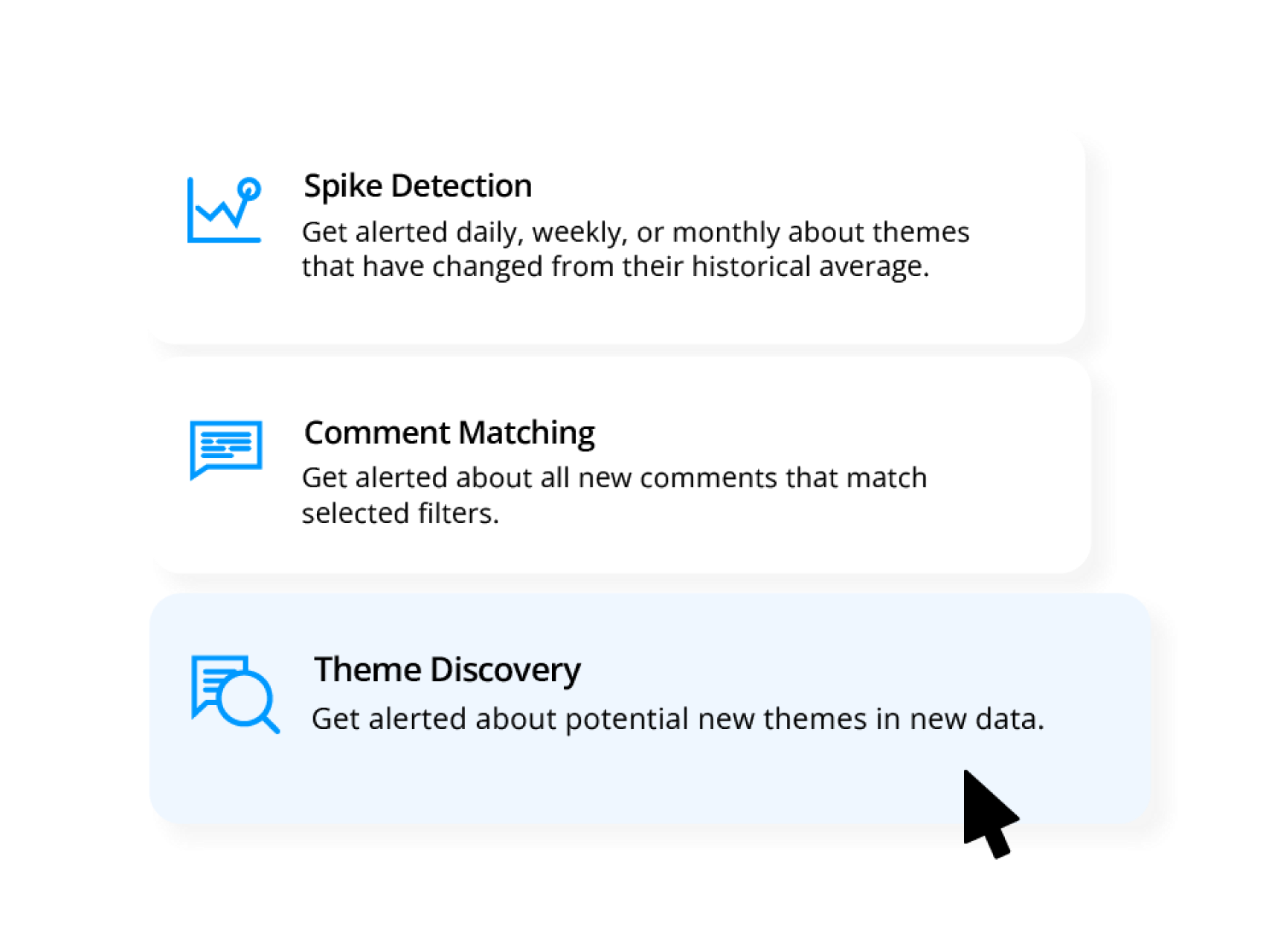 3 types of workflow notifications including: spike detection, comment matching and theme discovery